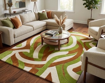 Alfombra abstracta ondulada, alfombra de lana tejida a mano, alfombra verde, marrón y marfil, alfombra moderna de mediados de siglo, decoración orgánica moderna para sala de estar.