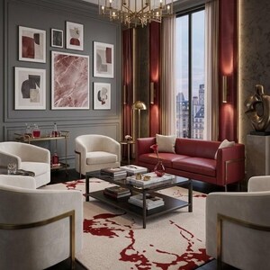Puede incluir: Una sala de estar con un sof&aacute; de cuero rojo, cuatro sillones tapizados de color crema con marcos de metal dorado y una mesa de centro rectangular con marco oscuro. Una alfombra crema con patrones abstractos rojos cubre el suelo oscuro.