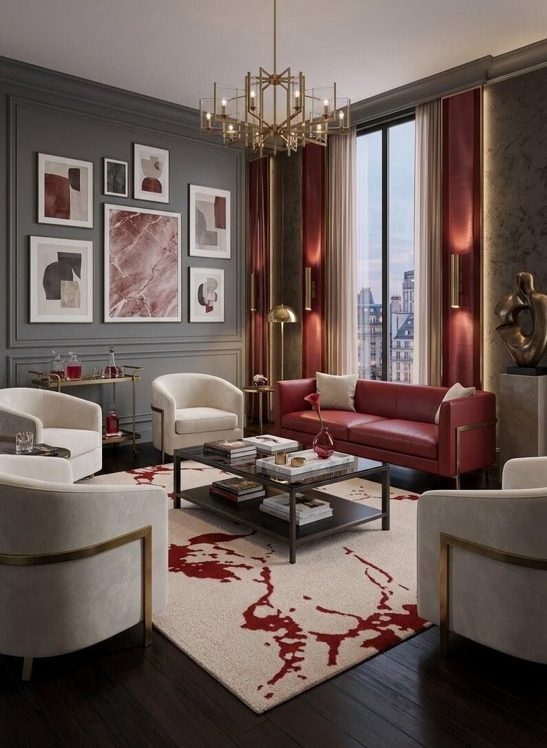 Puede incluir: Una sala de estar con un sof&aacute; de cuero rojo, cuatro sillones tapizados de color crema con marcos de metal dorado y una mesa de centro rectangular con marco oscuro. Una alfombra crema con patrones abstractos rojos cubre el suelo oscuro.