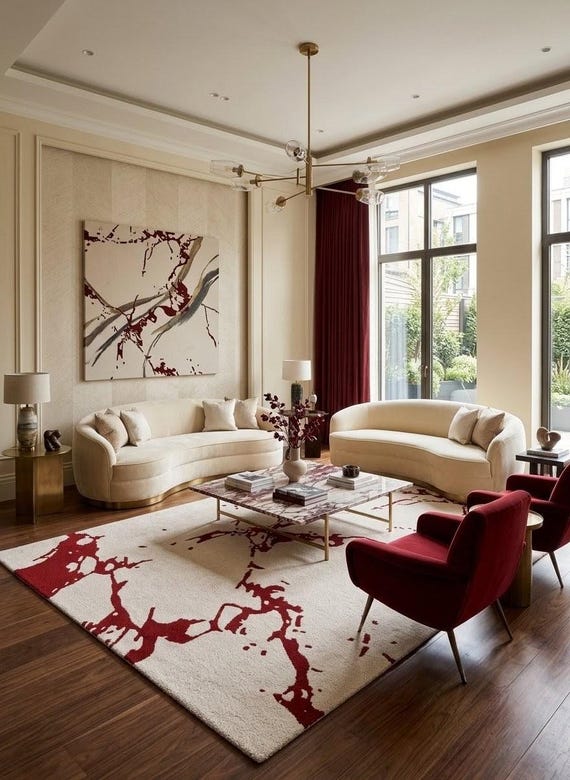 Abstract Red Ivory Rug, Hand Tufted Wool Area Rug, Modern Burgundy Cream Carpet, Contemporary Statement Rug, Living Room Bedroom Decor