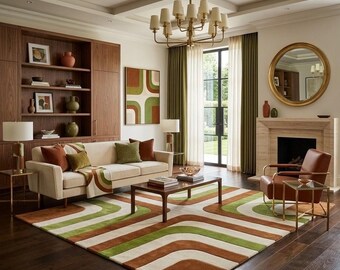 Alfombra de lana tejida a mano, alfombra moderna ondulada, alfombra abstracta verde, marrón y crema, alfombra retro de mediados de siglo para sala de estar, decoración de ondas orgánicas
