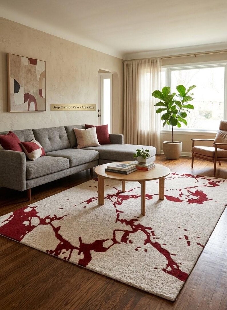 Puede incluir: Una alfombra rectangular con una base de color crema y un patr&oacute;n abstracto de color rojo oscuro en forma de vetas extendido por la superficie. La alfombra est&aacute; colocada sobre un suelo de madera en una habitaci&oacute;n con un sof&aacute; gris y una mesa.