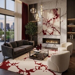 Puede incluir: Una sala de estar con un sof&aacute; gris oscuro, dos sillones color crema y una mesa de centro de cristal. Una alfombra grande con un patr&oacute;n abstracto rojo combina con el arte de pared sobre una chimenea lineal en una pared de m&aacute;rmol blanco y madera.