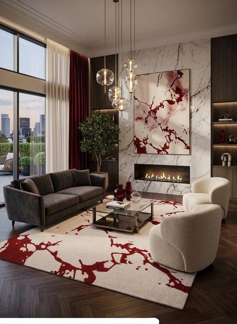 Puede incluir: Una sala de estar con un sof&aacute; gris oscuro, dos sillones color crema y una mesa de centro de cristal. Una alfombra grande con un patr&oacute;n abstracto rojo combina con el arte de pared sobre una chimenea lineal en una pared de m&aacute;rmol blanco y madera.