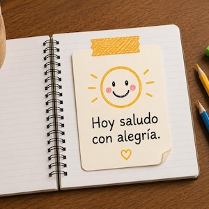 May include: An open spiral-bound notebook with a cream-colored sticky note attached by yellow tape. The note features a yellow sun icon with a smiling face and the text "Hoy saludo con alegría." and a small yellow heart at the bottom.