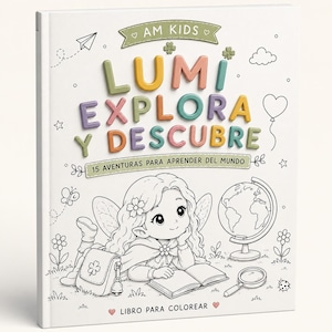 Könnte beinhalten: Ein weißes Malbuch mit dem Titel AM KIDS LUMI EXPLORA Y DESCUBRE 15 AVENTURAS PARA APRENDER DEL MUNDO LIBRO PARA COLOREAR. Das Cover zeigt eine Strichzeichnung einer Fee mit einem Globus, einer Lupe und einer Tasche in einem Garten.