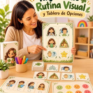 Puede incluir: Un conjunto de tarjetas de rutina visual y tablero de opciones con tarjetas ilustradas de actividades, emociones y tareas. Incluye un tablero grande, tarjetas cuadradas pequeñas y tablas rectangulares con iconos coloridos y detalles de hojas verdes.