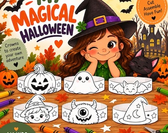 Puede incluir: Un set de actividades My Magical Halloween con una bruja, un gato negro y seis coronas de papel para colorear, recortar y montar. Las coronas muestran una calabaza, un fantasma, un murciélago, un niño, un monstruo y un sombrero de mago.