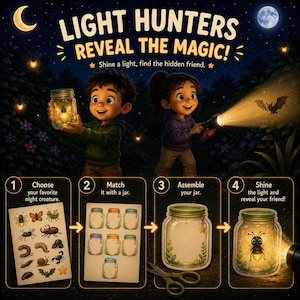 May include: A Light Hunters craft kit featuring two children exploring at night. The kit includes a sheet of insect stickers, seven illustrated jars, and instructions to assemble a jar and shine a light to reveal a hidden creature inside.
