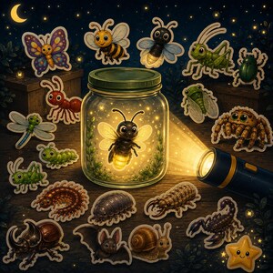May include: A glass jar containing a glowing firefly, illuminated by a flashlight beam, surrounded by various cartoon-style insect and animal stickers including a butterfly, bee, spider, snail, bat, and beetle against a dark starry night background.