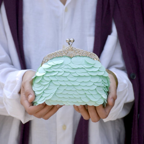 Pastel Lake clutch - pastel green sequin handbag, small clutch