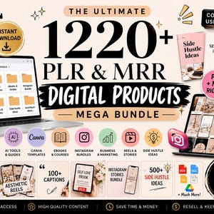 May include: A digital product bundle featuring a laptop displaying file folders, a tablet showing social media templates, and various icons representing AI tools, Canva templates, ebooks, and marketing guides with the text 1220+ PLR & MRR DIGITAL PRODUCTS.