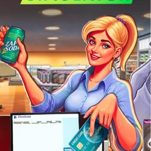 以下が含まれることがあります： Supermarket Simulatorのデジタルイラスト。緑色のZap Soda缶と青いクレジットカードを持つ金髪のキャラクターが描かれています。レジカウンターには、空のレシートインターフェースと合計0.00ドルを表示するモニターが設置されています。