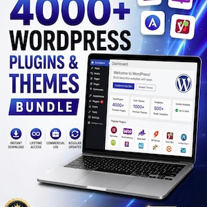 May include: A silver laptop displays a WordPress dashboard on its screen. The background features text reading 4000+ WordPress Plugins & Themes Bundle, 2025 Ultimate Collection, and icons for Elementor, WooCommerce, Rank Math, and Yoast SEO.