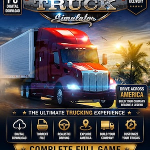 以下が含まれることがあります： 夕暮れの道路を走る赤いセミトレーラーが描かれたAmerican Truck Simulatorのデジタルゲームカバー。American Truck Simulator、Drive Across America、Build Your Company、Become A Legend、The Ultimate Trucking Experienceというテキストが記載されています。