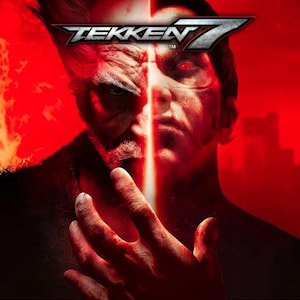 Könnte beinhalten: Eine Werbegrafik für das Videospiel Tekken 7 mit einem geteilten Porträt zweier Charaktere vor einem leuchtend roten Hintergrund. Eine Seite zeigt einen älteren Mann mit weißem Haar, die andere einen jüngeren Mann mit einem leuchtend roten Auge.