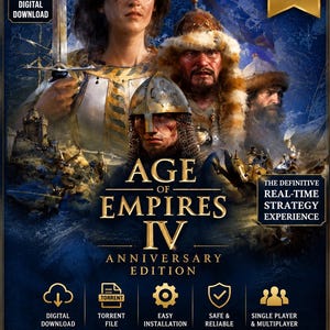 May include: Age of Empires IV Anniversary Edition PC digital download game cover art featuring historical warriors in armor and fur hats, with text including The Definitive Real-Time Strategy Experience, Complete Full Game, and Offline Play.