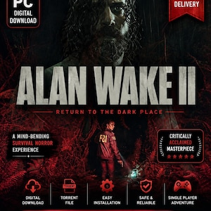 Può includere: Una copertina per il download digitale del gioco per PC Alan Wake II, che mostra il volto di un uomo barbuto sopra una scena di foresta oscura con una persona in giacca dell'FBI. Il testo include 'ALAN WAKE II', 'RETURN TO THE DARK PLACE' e icone.