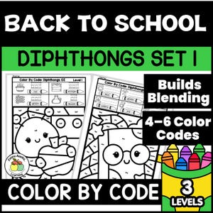 May include: Educational worksheet set titled Back to School Diphthongs Set 1 featuring Color by Code activities. The pages include black and white line art of characters holding objects, labeled with color-coded crayons and text for phonics practice.