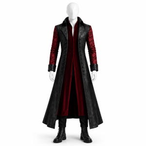 One Piece Full Length Gothic Black Leather Coat with Red Sleeves – Mihawk, Limited