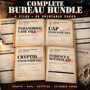Könnte beinhalten: Ein komplettes Bureau-Paket mit 44 druckbaren Seiten, bestehend aus vier Dateien: Paranormal Case File, UAP Encounter File, Cryptid Encounter File und Evidence & Witness Kit. Die Dokumente sind cremefarben mit schwarzem Text und roten Stempeln.