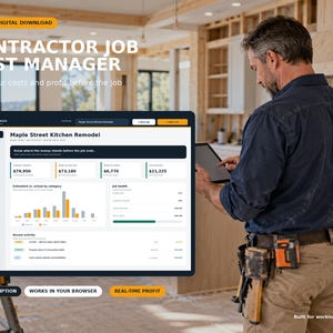 May include: A digital contractor job cost manager software interface displayed on a screen. The dashboard shows project financial data, including estimated versus actual costs, job health metrics, and recent activity for a kitchen remodel project.