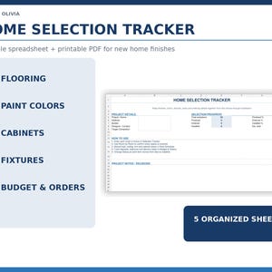 May include: A digital home selection tracker spreadsheet and printable PDF document by Cash & Olivia. The layout includes sections for flooring, paint colors, cabinets, fixtures, and budget and orders, featuring five organized sheets for tracking.