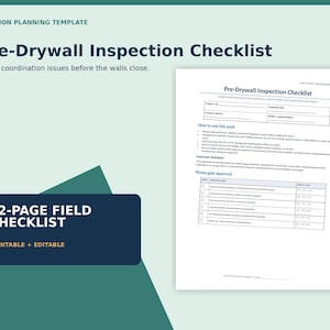 May include: A 12-page construction planning template titled Pre-Drywall Inspection Checklist. The document includes fields for project details, inspection instructions, and a phase-gate approval table with checkboxes for tracking inspection status.