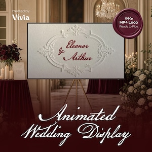 May include: A digital display screen on a gold tripod stand featuring a white embossed frame with the text Eleanor & Arthur in dark red script. A dark red wax seal graphic in the corner reads 1080p MP4 Loop Ready to Play. The screen displays an animated wedding sign.
