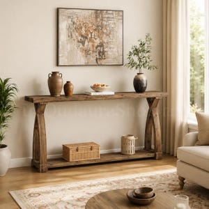 May include: A long, rectangular wooden console table featuring X-shaped legs and a lower shelf. The table surface holds two brown ceramic vases, a small bowl with fruit, and a potted plant. A woven box and a cylindrical lantern sit on the lower shelf.