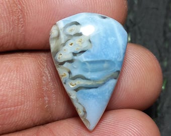 Può includere: Una gemma a cabochon a forma di goccia con una superficie liscia e lucida, caratterizzata da un colore di base azzurro e da intricati motivi vorticosi di inclusioni color crema, marrone chiaro e bianco che creano un aspetto marmorizzato, organico e unico.