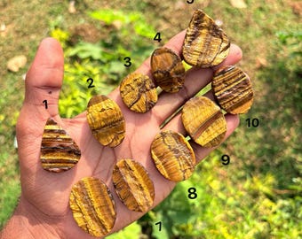 Può includere: Dieci pietre preziose occhio di tigre lucidate in varie forme ovali e a goccia, ciascuna caratterizzata da distinte strisce chatoyant marrone dorato e scuro. Le pietre sono numerate da uno a dieci, mostrando bande naturali e una superficie liscia.