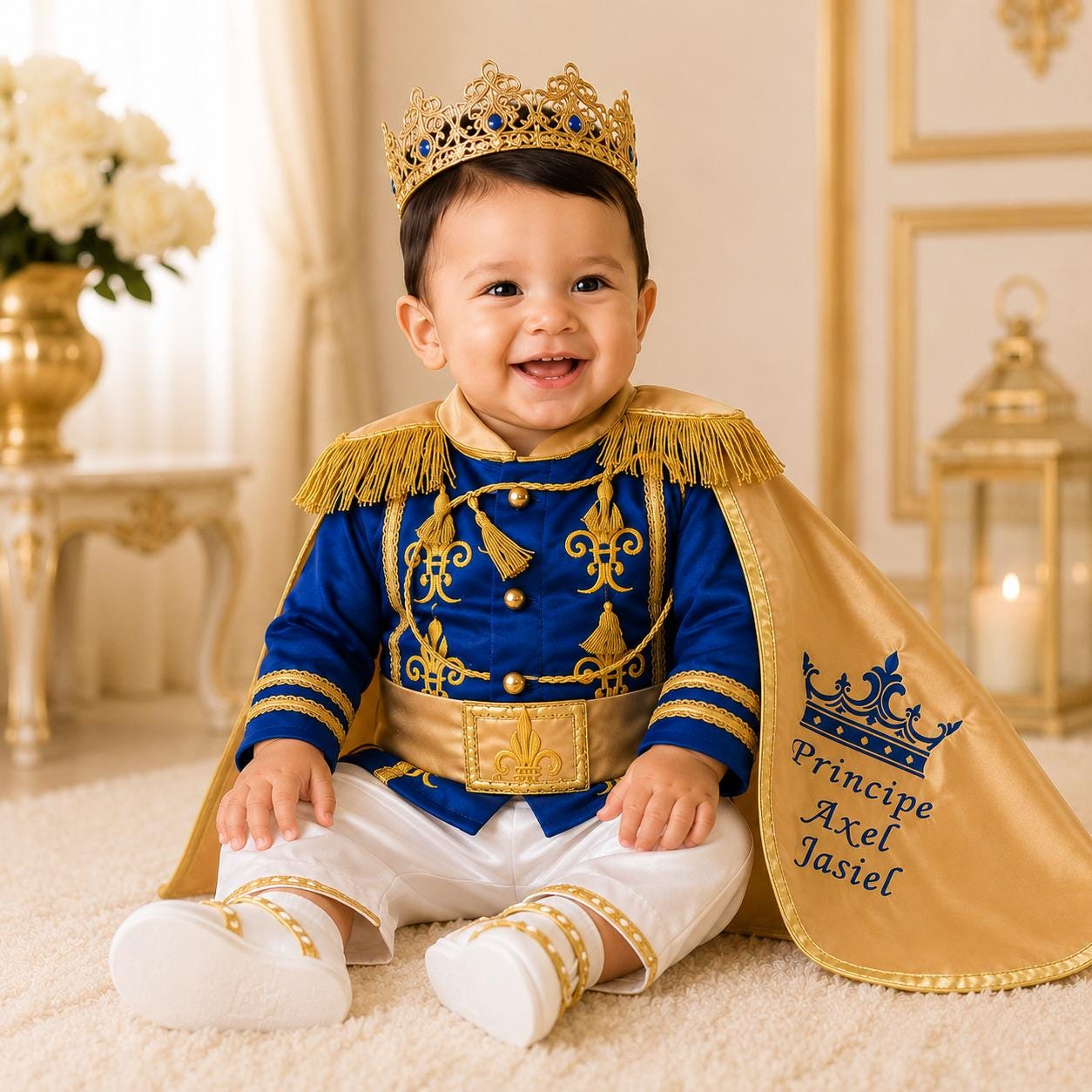 Gold Principe Personalized First Birthday Cake Smash, Handmade costumes