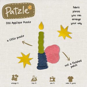 Op de afbeelding: Een Patzle DIY-applicatiepuzzelset met stoffen onderdelen, waaronder een gele vlam, een golvende groene kaars, een donkerblauwe basis, een roze vlek en twee gele sterren. De tekst bevat Patzle, DIY Applique Puzzle, a little puzzle, fabric pieces you can arrange your way en not a finished patch, met iconen voor arrange, iron, sew en make it yours.