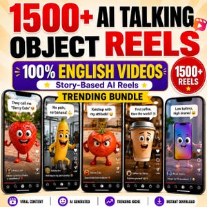 May include: A digital bundle of 1500+ AI talking object reels featuring five smartphone screens displaying animated characters including a strawberry, banana, tomato, coffee cup, and phone, with text overlays like 100% English Videos and Trending Bundle.