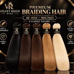 May include: Five bundles of premium braiding hair in a gradient of colors from black to blonde, each labeled Velvet Reign Wigs. The text reads Premium Braiding Hair, 26 inch, 90g/pack, 5 classic colors, soft & lightweight, tangle free, natural look, long lasting.