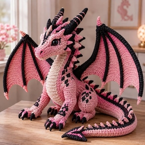 May include: A crocheted dragon plush toy featuring a pink and cream body with black accents on the wings, horns, and tail. The creature has large dark eyes, pointed ears, and a long tail with a spade-shaped tip, all crafted with yarn.