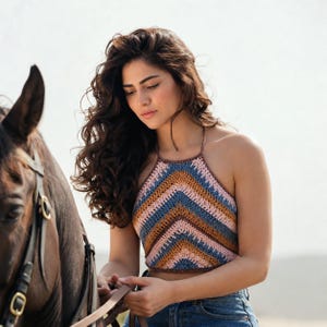 May include: A sleeveless halter-style crop top featuring a chevron pattern in horizontal stripes of dusty pink, mustard yellow, and slate blue. The garment is constructed with a crochet knit texture and includes thin straps that tie behind the neck.