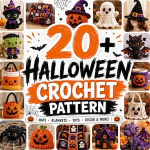 May include: A collection of 20+ Halloween crochet patterns featuring various items including a black cat, a pumpkin, a ghost, a witch hat, a Frankenstein monster, a dragon, a spider, a haunted house, and baskets with jack-o'-lantern faces.