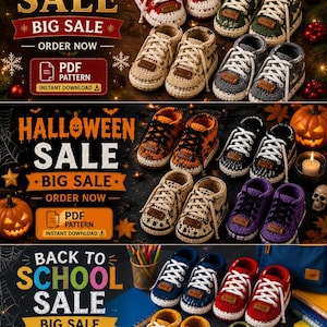 May include: A collection of crochet baby sneakers in various colors including red, green, beige, gray, orange, black, purple, blue, and yellow. Each pair features white laces and a small brown rectangular tag on the tongue. The image includes text for Christmas, Halloween, and Back to School sales, along with PDF pattern download icons.