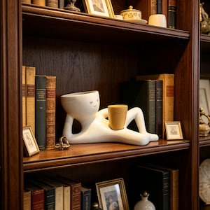 May include: A white ceramic planter shaped like a reclining figure with a closed-eye face design. The figure holds a small, light brown cylindrical cup with a subtle embossed pattern on its midsection, resting on a wooden shelf among various books.