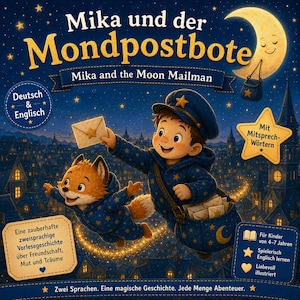 Pode incluir: Um livro infantil bilíngue intitulado Mika und der Mondpostbote, apresentando uma criança com uma roupa azul estrelada e uma raposa voando sobre uma cidade à noite. A capa inclui uma lua crescente sorridente, envelopes e texto em alemão e inglês.
