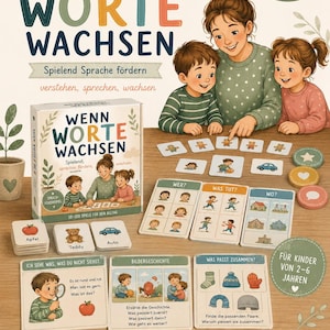 May include: A language development game titled Wenn Worte Wachsen featuring a box, illustrated cards with words like Apfel, Teddy, and Auto, and game boards labeled Wer, Was tut, and Wo. The set includes activity cards for children aged 2-6.