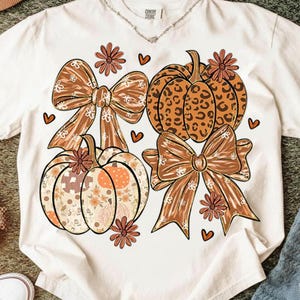 May include: A white short-sleeve t-shirt featuring a graphic print of two pumpkins and two large bows. One pumpkin has a leopard print, while the other features a floral pattern. Small orange flowers and hearts are scattered around the design.