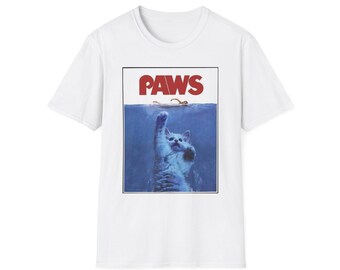 PAWS cat parody T-Shirt | retro movie poster style, humorous cat design