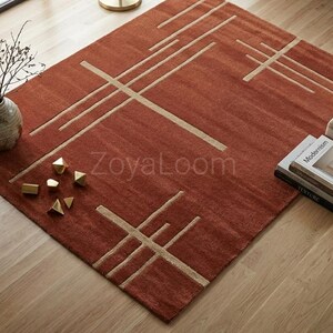 Hand Tufted Geometric Wool Rug, Rust Red Area Rug, Ivory Linear Design Rug, Handmade Statement Rug, Living Room Bedroom Decor