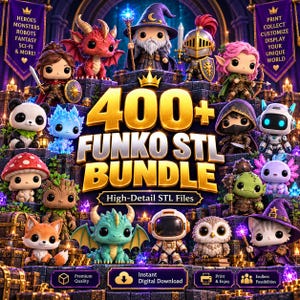 Puede incluir: Una colección digital de más de 400 archivos STL de Funko altamente detallados con varias figuras estilizadas, incluyendo un mago, dragón, caballero, panda, robot, hongo y búho. La imagen muestra el texto 400+ FUNKO STL BUNDLE y High-Detail STL Files.