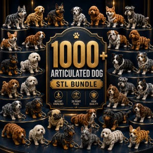 Op de afbeelding: Een verzameling van diverse gearticuleerde hondjes met sleutelhangers, uitgestald op gelaagde plateaus. Een centraal bord toont 1000+ ARTICULATED DOG STL BUNDLE, met iconen voor directe download, 3D-printbestanden en hoge kwaliteit.