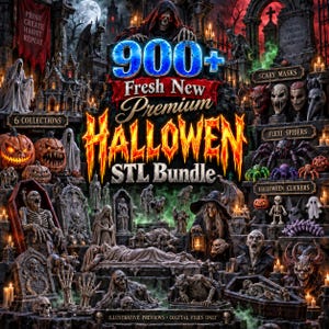 May include: A digital collection of 900+ Halloween-themed 3D printable STL files featuring skeletons, pumpkins, tombstones, witches, and monsters in a graveyard setting. The image includes text labels for Scary Masks, Flexi Spiders, and Halloween Clickers.