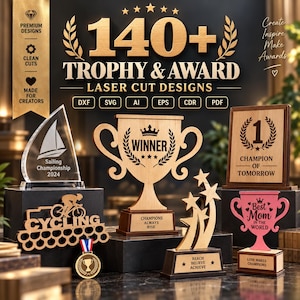 Puede incluir: Una colección de diseños de trofeos y premios cortados con láser que incluye varias formas de madera y acrílico, como un trofeo de vela, una medalla de ciclismo, una copa de ganador, un premio de estrellas y un trofeo rosa, con texto 140+ Trophy & Award.